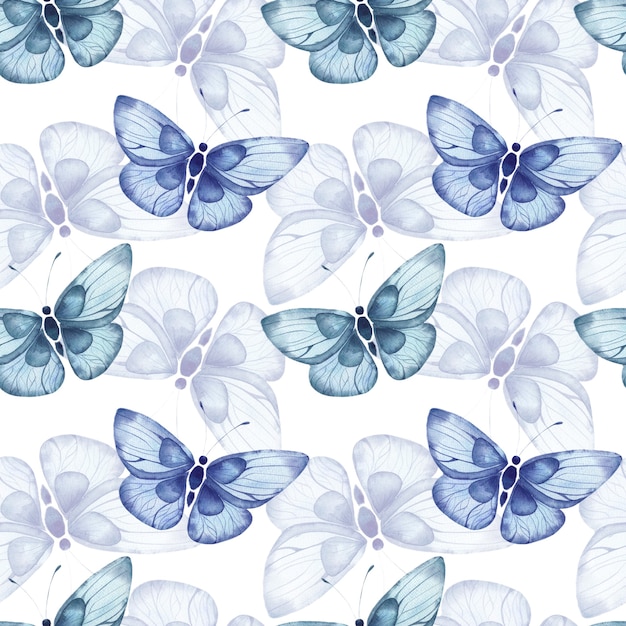 Seamless watercolor pattern with blue abstract large butterflies on a white background