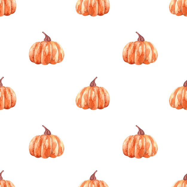 Seamless watercolor pattern with bright orange pumpkins vegetables healthy food