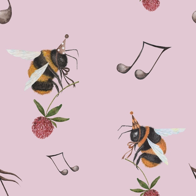 seamless watercolor pattern with bumblebees musical notes clover flowers retro pattern