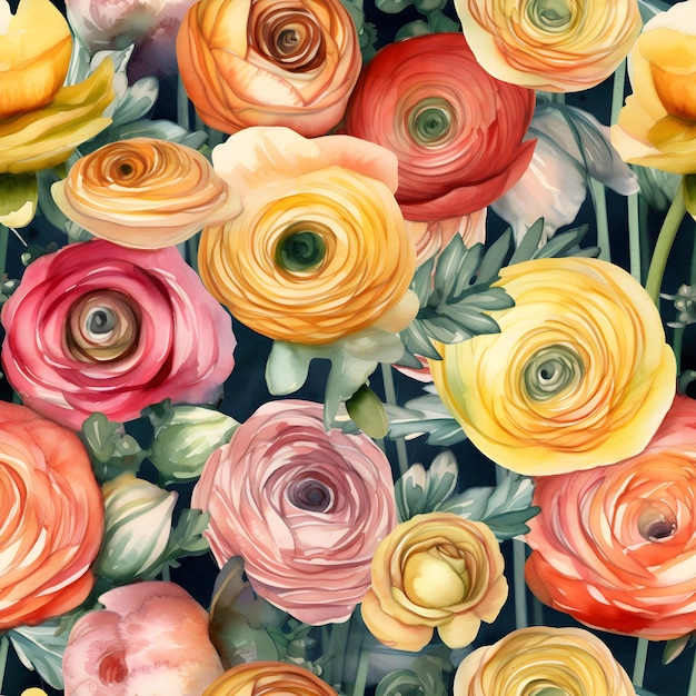 Seamless watercolor pattern with buttercup flowers Floral illustration background Generated AI