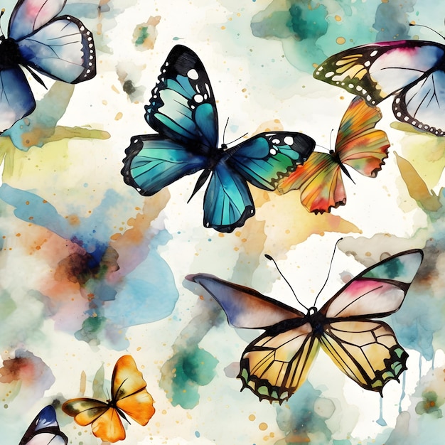 蝶とカラフルなスポットのシームレスな水彩パターン 花のイラストの背景