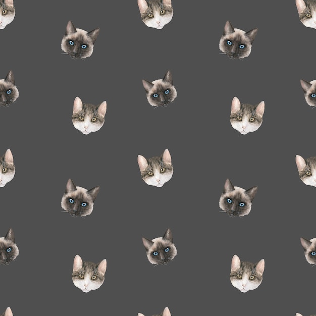 Seamless watercolor pattern with cats' heads on dark background