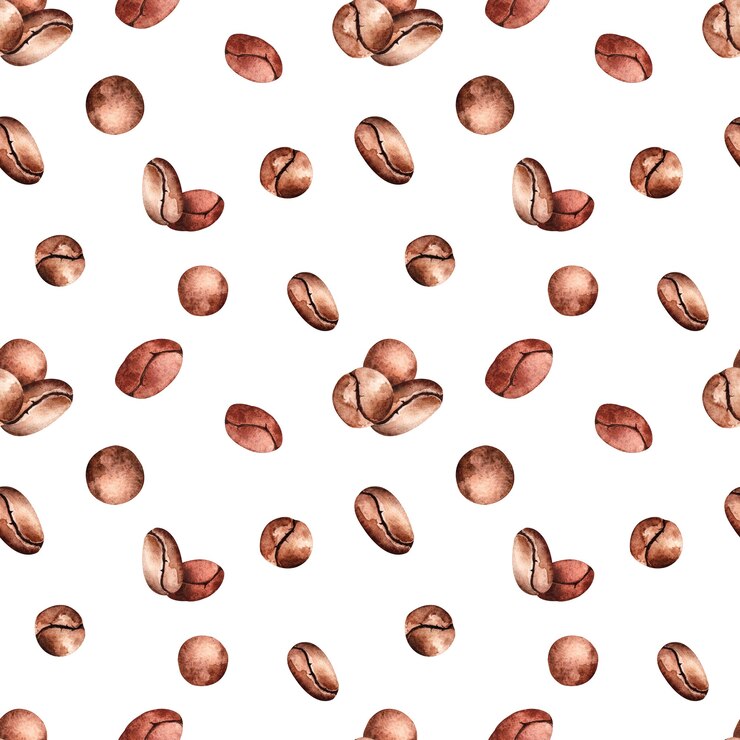 Seamless watercolor pattern with coffee beans on a white background.