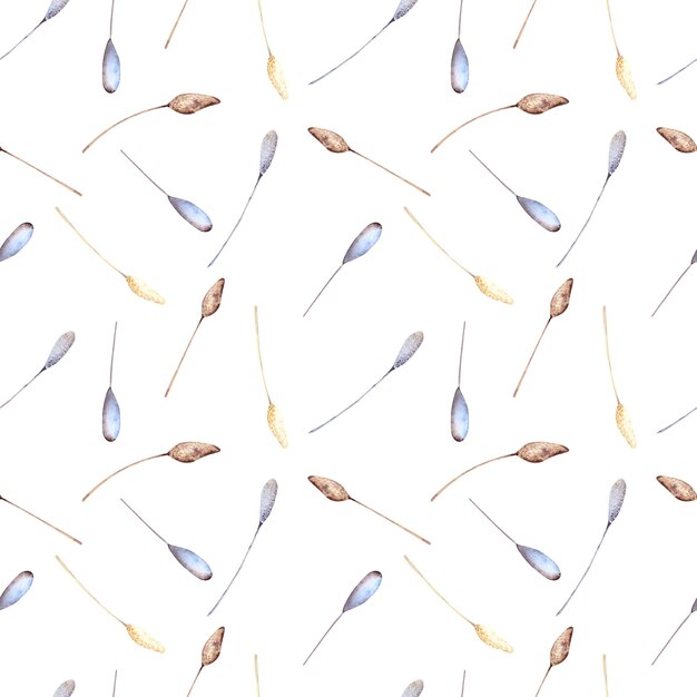 Seamless watercolor pattern with colored twigs of dried flowers and beige and dry leaves on a white background