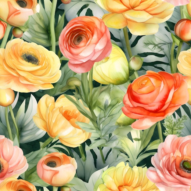 カラフルなラナンキュラスの花のイラスト背景とシームレスな水彩パターン 生成された AI