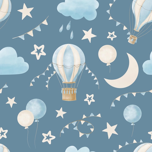 Photo seamless watercolor pattern with cute hot air balloons on dark blue background hand drawn print