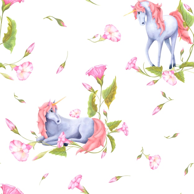 Seamless watercolor pattern with cute unicorn and flowers