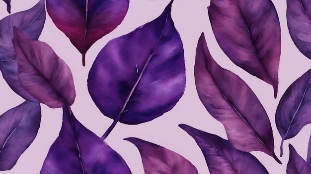 Seamless watercolor pattern with dark violet leaves on the purple background