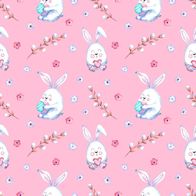 Foto seamless pattern acquerello con conigli pasquali, ramoscelli di salice, fiori su uno sfondo colorato.