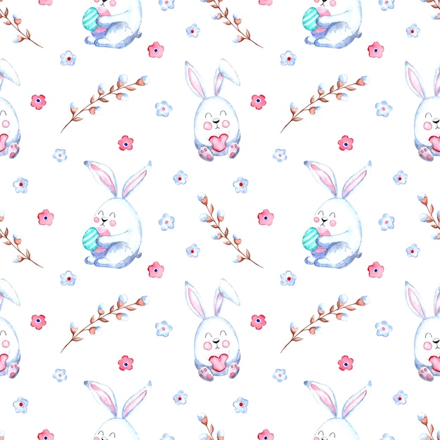 Seamless watercolor pattern with Easter bunnies, willow twigs, flowers on a white background.