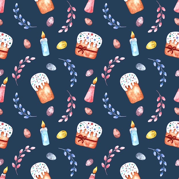 Seamless pattern acquerello con dolci pasquali, rami di salice, uova di pasqua e candele su uno sfondo colorato.