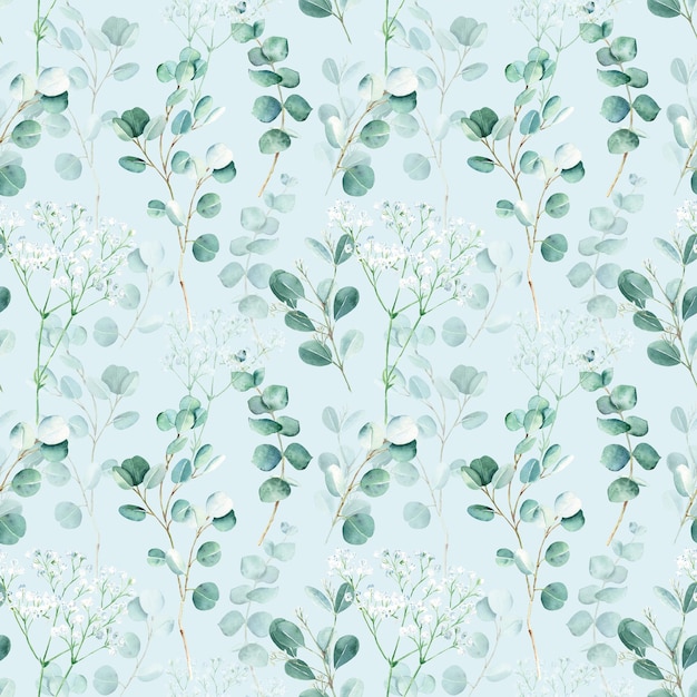 Photo seamless watercolor pattern with eucalyptus and gypsophila branches on blue background can be used