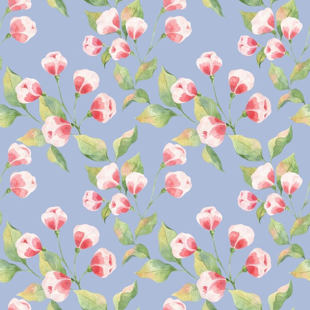 Seamless watercolor pattern with green leaves and pink buds on a blue background, Apple twigs and buds