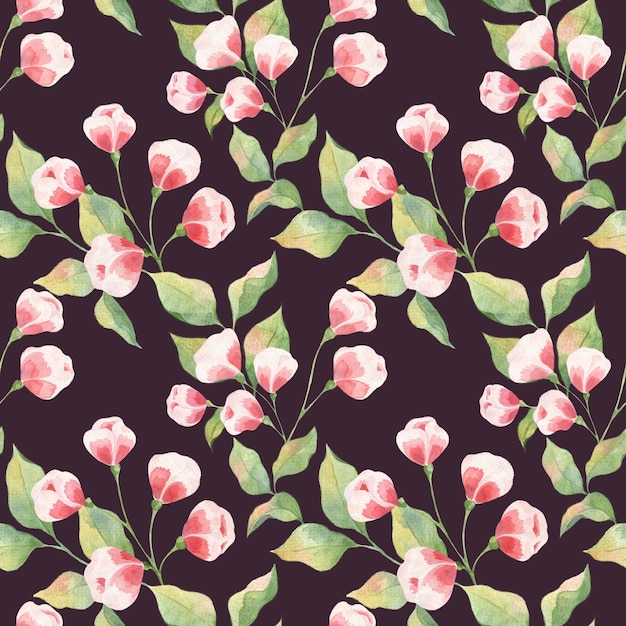 Seamless pattern acquerello con foglie verdi e boccioli rosa su sfondo bianco, ramoscelli di mela e boccioli