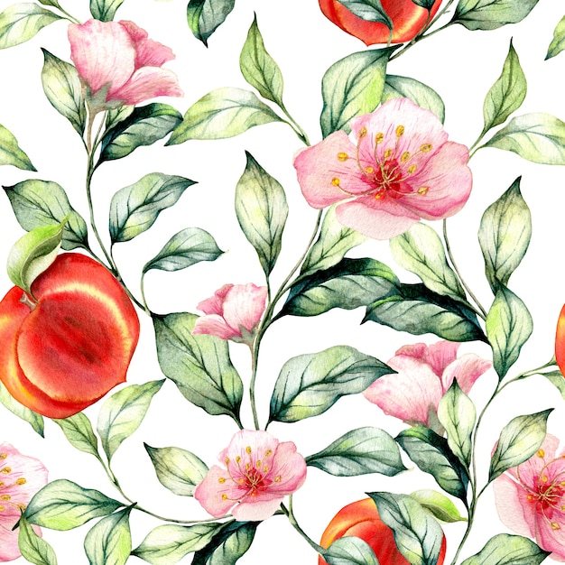  seamless watercolor pattern with hand drawn peaches. Different type of pieces.