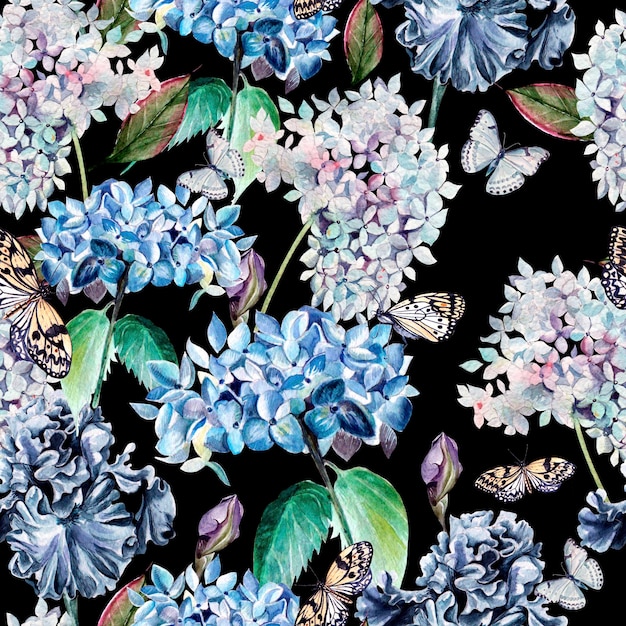 Photo seamless watercolor pattern with a hydrangea iris and butterflies