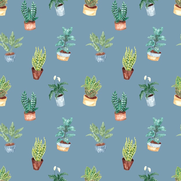 Seamless pattern acquerello con piante d'appartamento su uno sfondo blu, illustrazione dell'acquerello per la casa