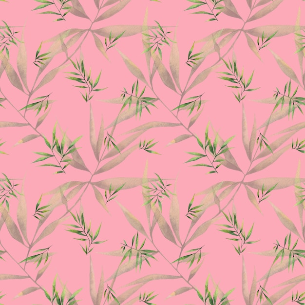 Seamless watercolor pattern with large branches and bamboo leaves on a pink background