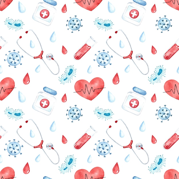 Seamless watercolor pattern with medical instruments, first aid kit, pills, heart, stethoscope, medical mask on a white background.