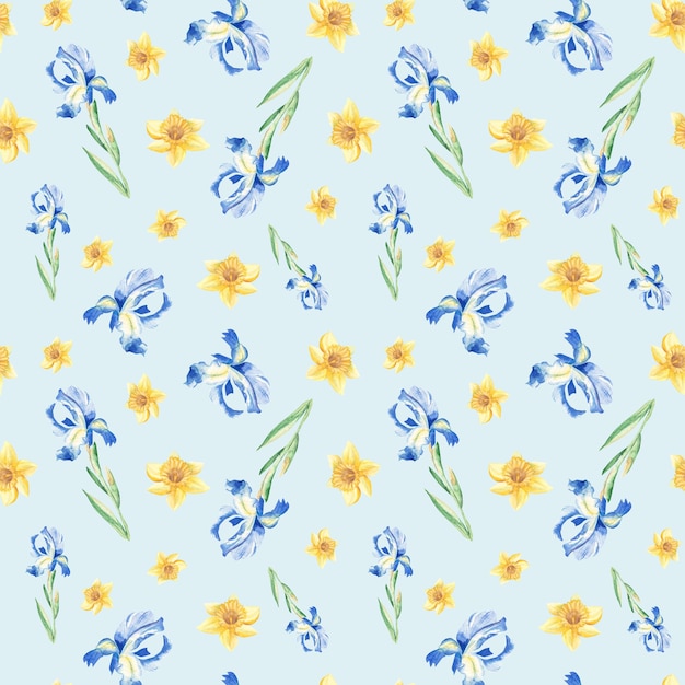 Seamless watercolor pattern with narcissus and iris on blue background can be used for fabric prints