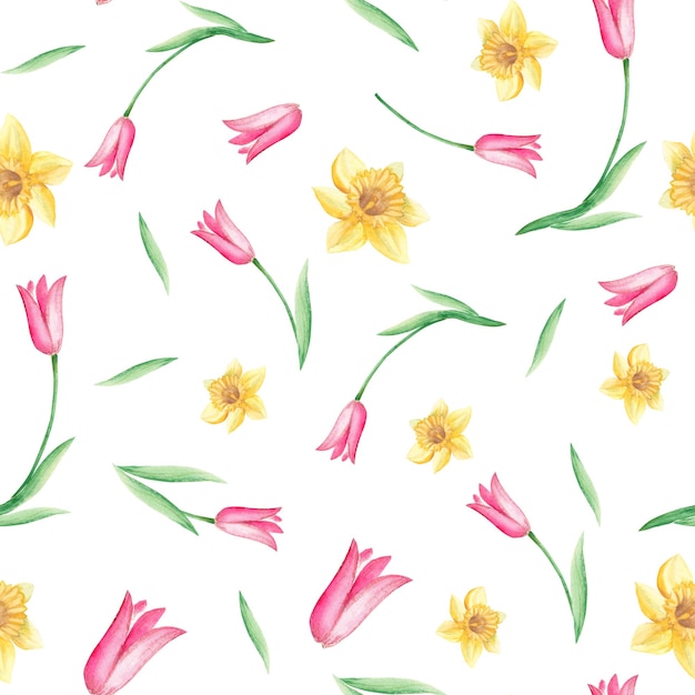 Seamless watercolor pattern with narcissus and tulips on white background can be used for fabric