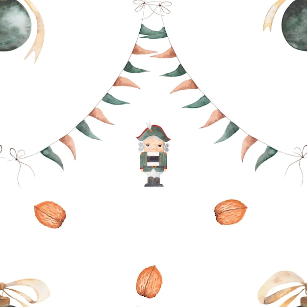 Seamless watercolor pattern with nutcracker magical new year pattern with nutcracker flags nuts new