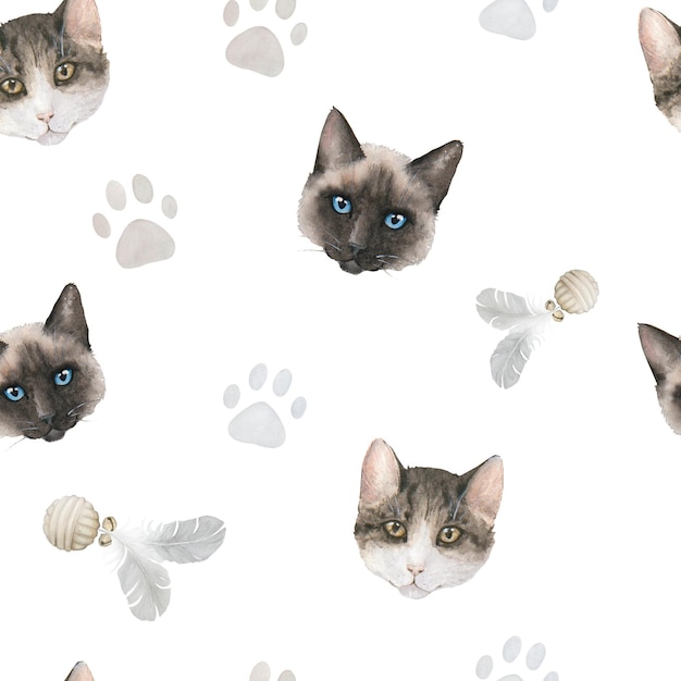 Photo seamless watercolor pattern with pastel paw prints toys cats' heads on white background