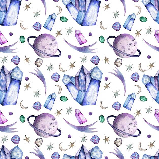 Photo seamless watercolor pattern with planets with rings and crystals asteroids comets stars moon