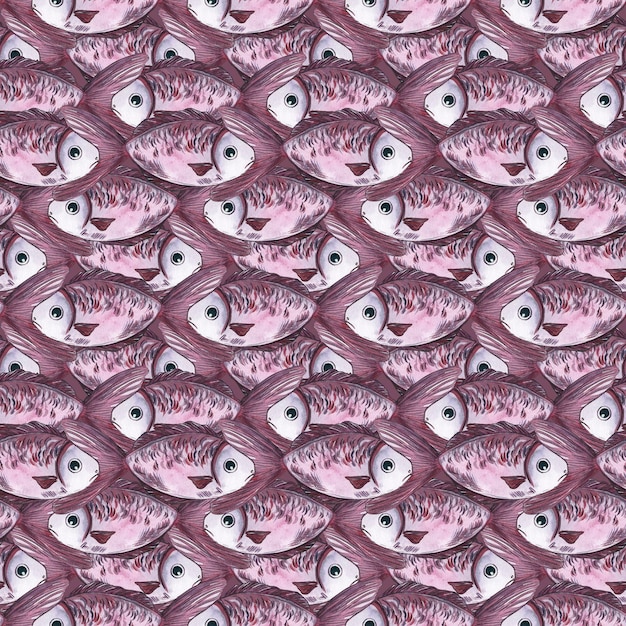 Seamless watercolor pattern with purple and pink sea fish color background viva magenta