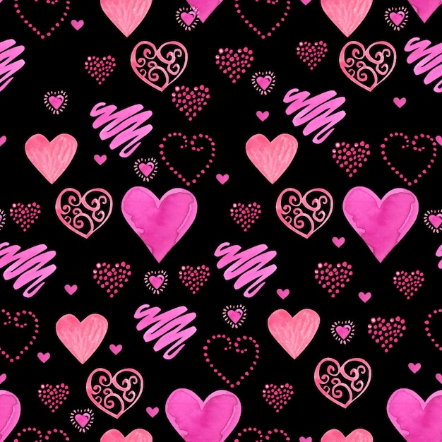 Seamless watercolor pattern with red watercolor hearts. 