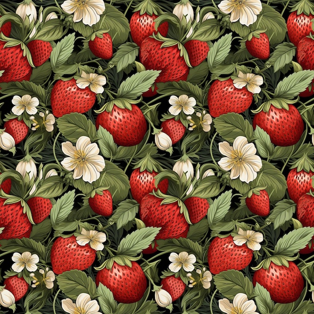 seamless watercolor pattern with strawberries leaves and flowers on a dark background