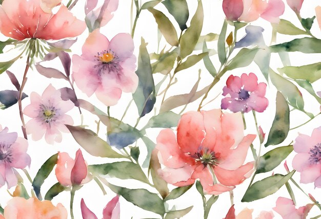 Seamless watercolor pattern with summer flowers Floral illustration background