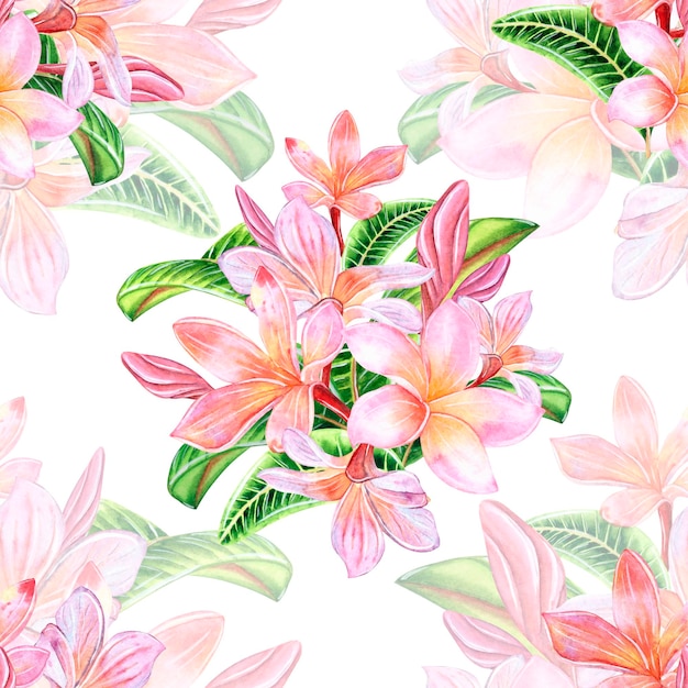 Seamless watercolor pattern with tropical plumeria flowers Bright and juicy