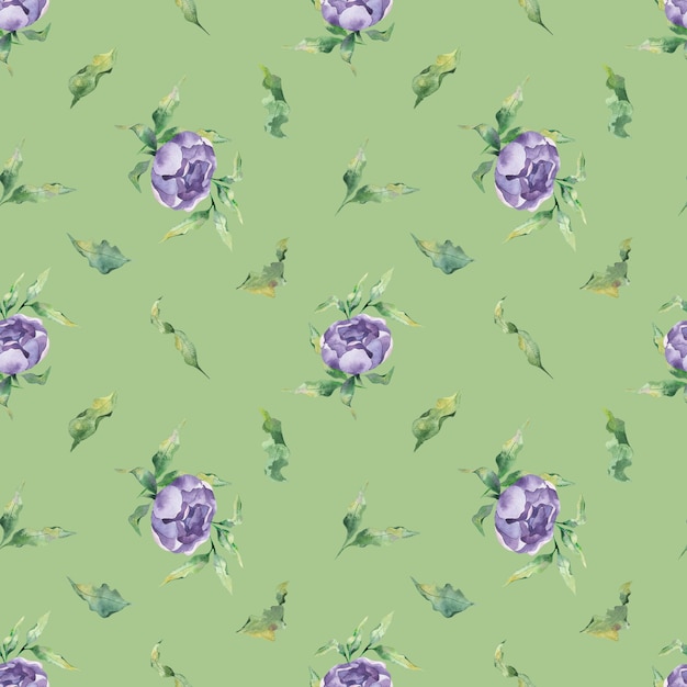 A seamless watercolor pattern with a variety of lilac peony flowers and leaf on a green background