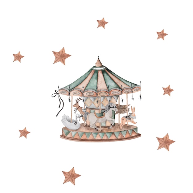 Seamless watercolor pattern with vintage animal carousel beautiful pattern in vintage style with gar