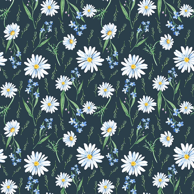 Seamless watercolor pattern with wildflowers forgetmenot camomile on black background can be used