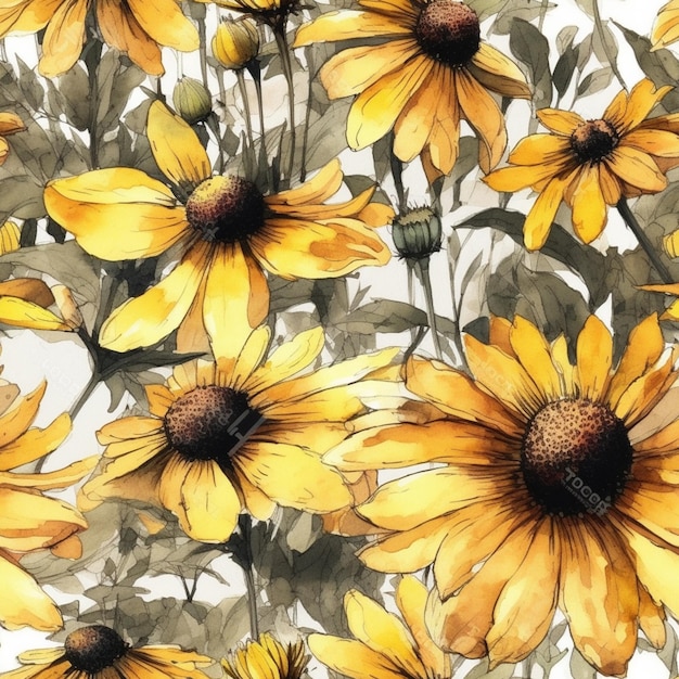 A seamless watercolor pattern with yellow flowers on a white background.