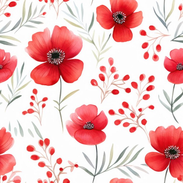 Seamless Watercolor Red Floral Pattern