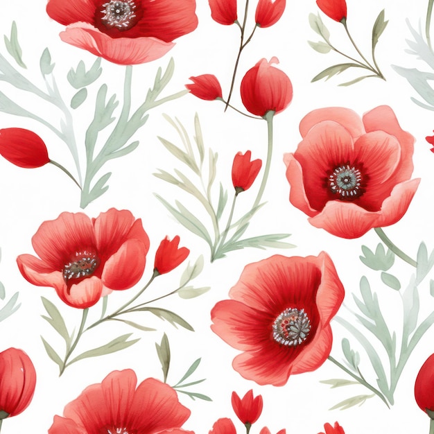 원활한 수채화 붉은 꽃 패턴