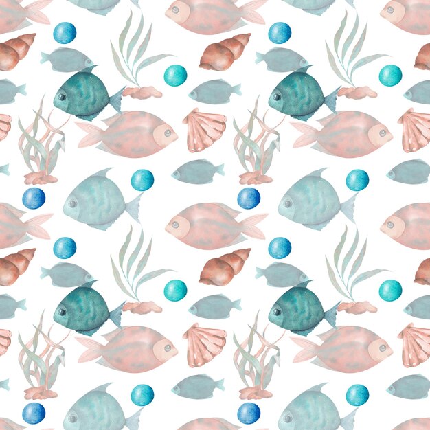 Seamless watercolor underwater life pattern Boundless pattern