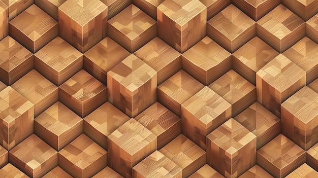 A seamless wooden cube pattern with a 3D effect The cubes are made of different types of wood each with its own unique color and grain pattern