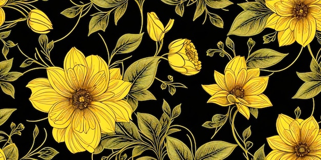 黒い背景の無縫の黄色い花と葉のパターン
