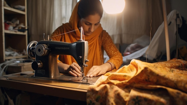 A seamstress creating a garment at a sewing machine