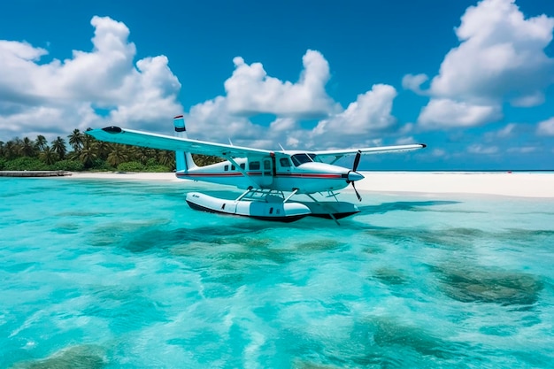A seaplane is floating in the water on a tropical island.