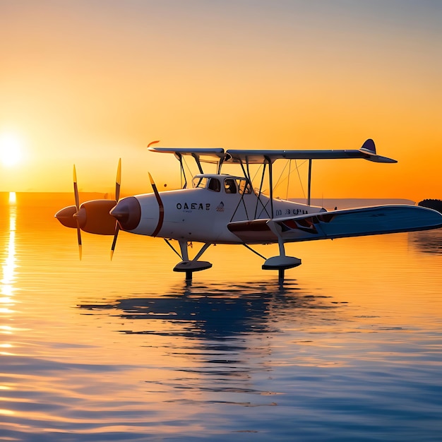 自然のレジャー活動の美しさを映す夕日の中を舞い上がる水上飛行機