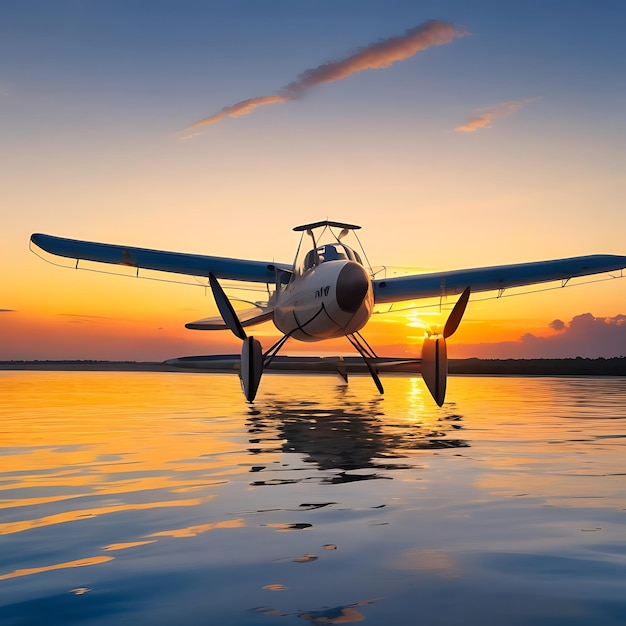 自然のレジャー活動の美しさを映す夕日の中を舞い上がる水上飛行機