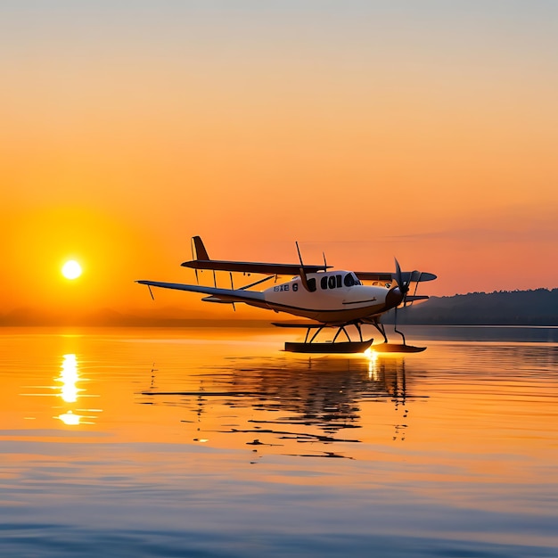 自然のレジャー活動の美しさを映す夕日の中を舞い上がる水上飛行機