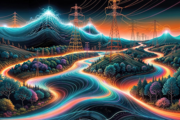 Seapunkinspired digital illustration of power lines