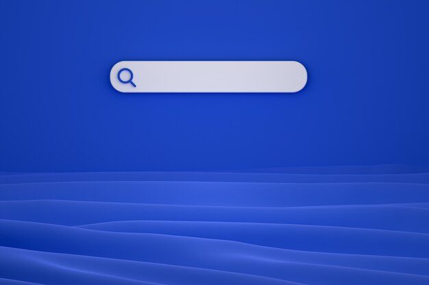 検索バーとアイコン検索3Dは、青色の背景に最小限のデザインをレンダリングします