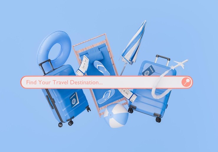 Photo search bar for summer travel with luggage and beach accessories